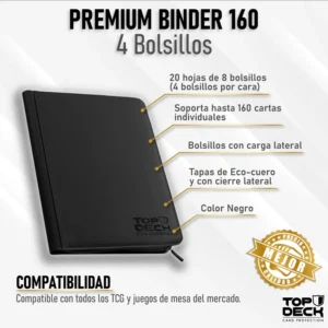 Juego de Mesa - Carpeta para Cartas - Top Deck Carpeta Cuero con Cierre - 4 Bolsillos (Capacidad 160) - Color Negro