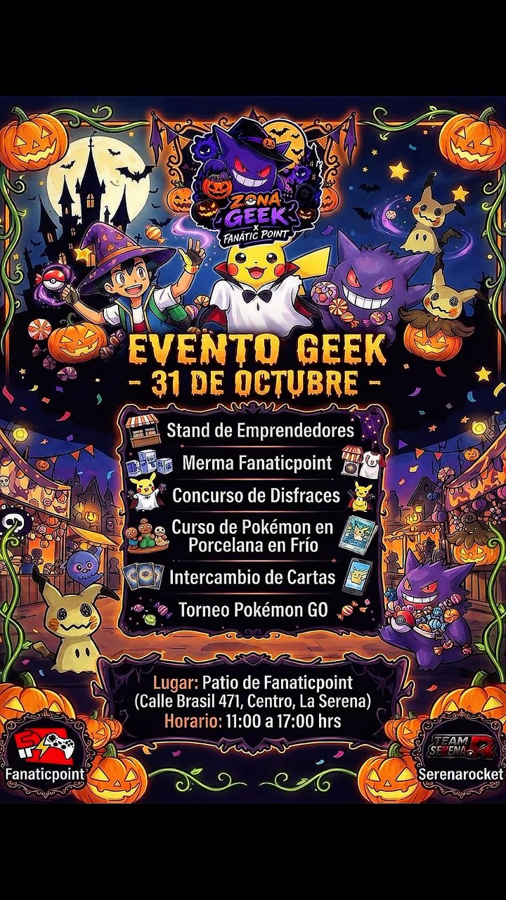 🎃👻 ¡ESTE 31 DE OCTUBRE VEN CON TU MEJOR DISFRAZ! 👻🎃

🧙‍♀️🧛‍♂️ CONCURSO DE DISFRACES 🧛‍♀️🧟
🏆 Categoría Niños 👧🧒
🏆 Categoría Adultos 🧑👩

🎨✨ ¡APRENDE CERÁMICA EN FRÍO!
🃏⚡ ¡INTERCAMBIA TUS CARTAS TCG!
🎮🔥 ¡JUEGA TORNEO DE POKÉMON GO!
🛍️💖 Y además, aprovecha de conocer y comprar las lindas cosas de nuestros stands de emprendedores 🥰✨

📅 sábado  31 de octubre
⏰ Desde las 11:00 hrs.

🎃👻 ¡Ven a pasar un día entretenido, lleno de disfraces, Pokémon, cartas, creatividad y mucha diversión! 👻🎃

📩 ¿Quieres participar en el concurso de disfraces?
👉 Pide las bases por interno 😉🎭

✨🧡 ¡TE ESPERAMOS! 🧡✨