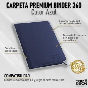 Juego de Mesa – Carpeta para Cartas – Top Deck Carpeta Cuero con Cierre – 3 Bolsillos (Capacidad 360) – Color Azul